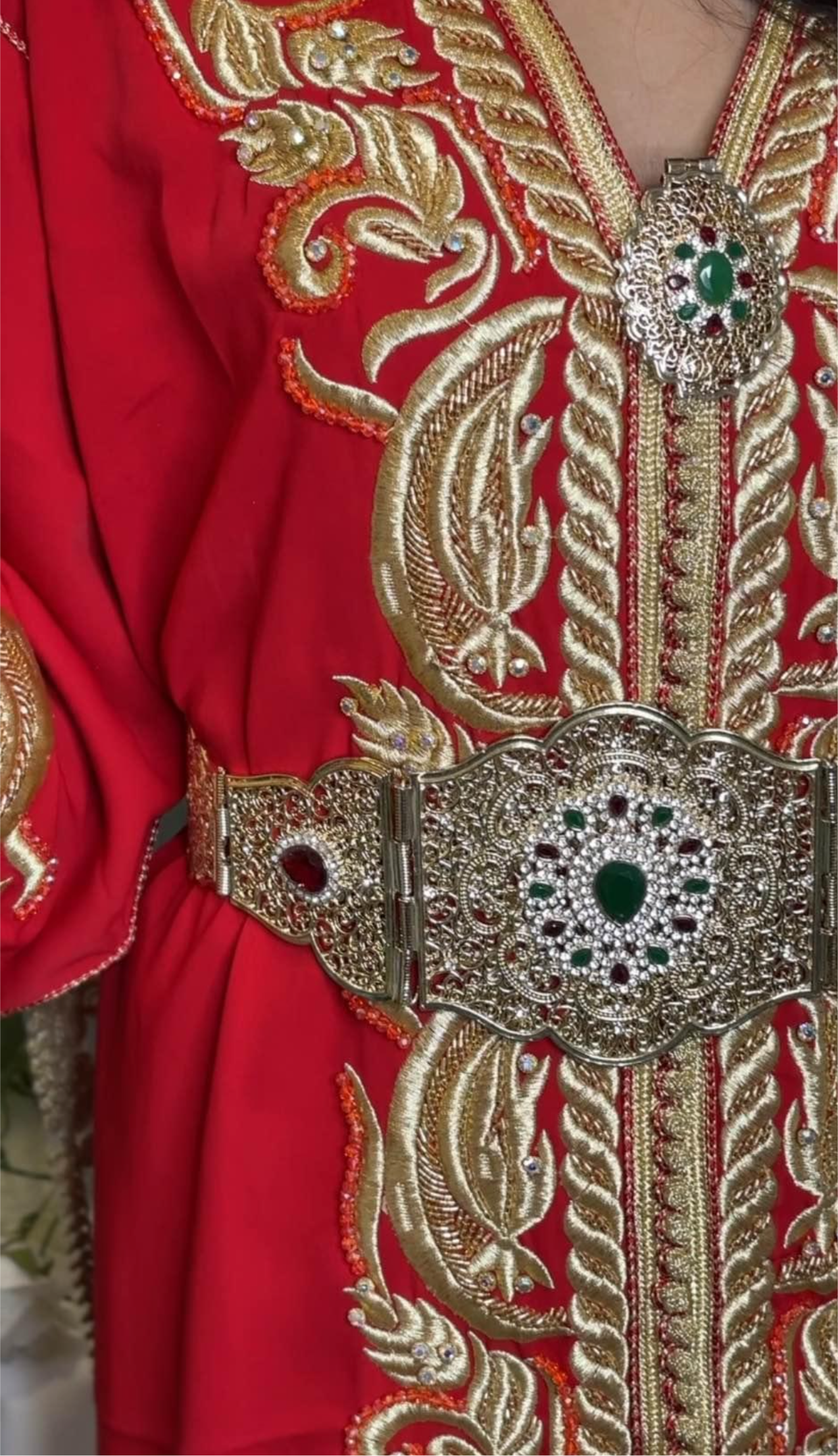 Luxurious Red Caftan with Gold Embroidery and Emerald Accents