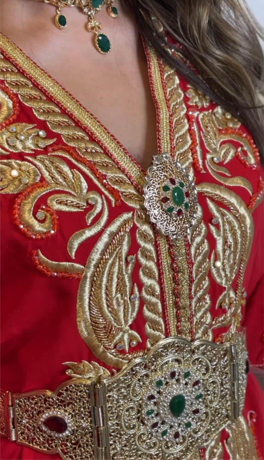 Luxurious Red Caftan with Gold Embroidery and Emerald Accents