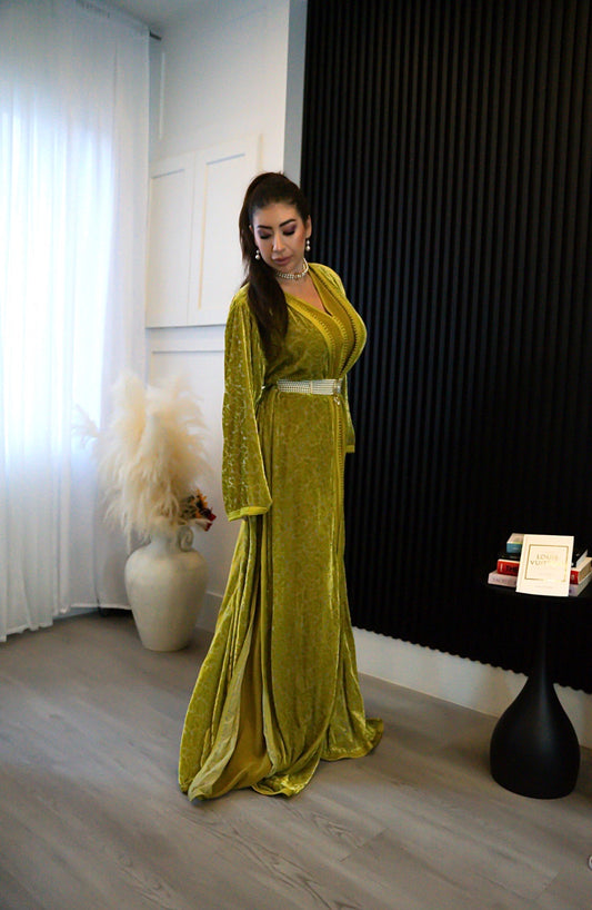 Luna Green Caftan with Subtle Royal Accents