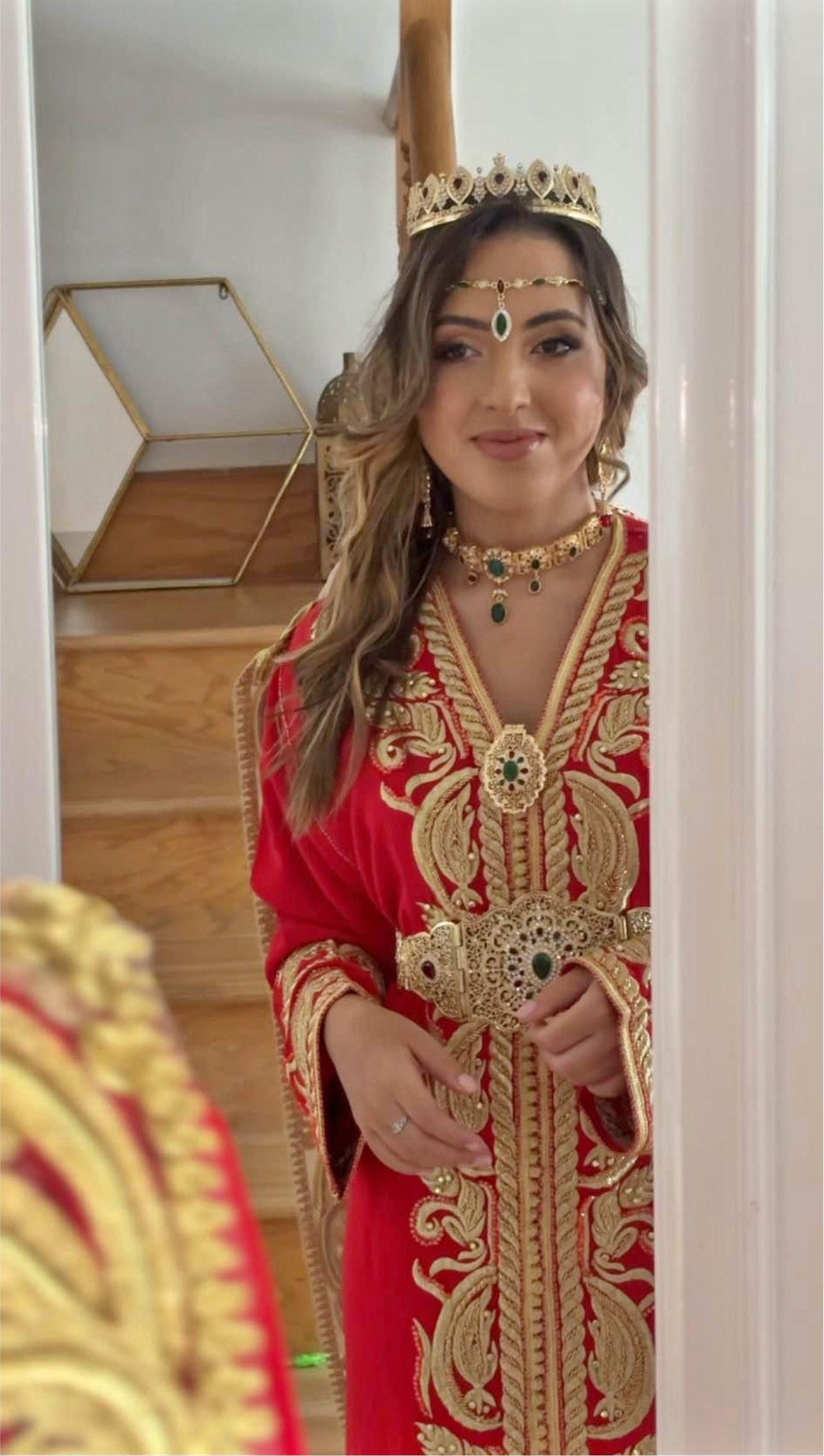 Luxurious Red Caftan with Gold Embroidery and Emerald Accents